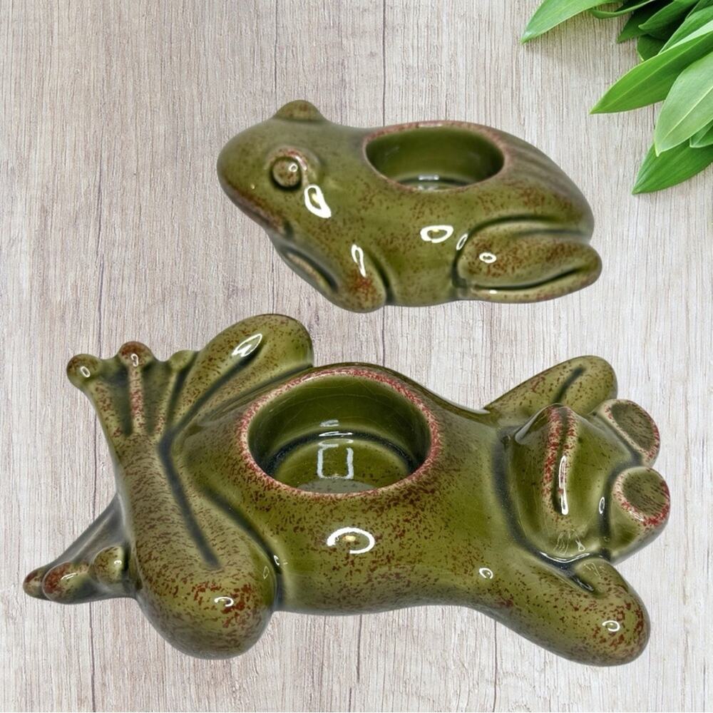 Vintage PartyLite Two Frogs Candle Holder Votive Ceramic Garden Decor Figurine - Picture 2 of 8